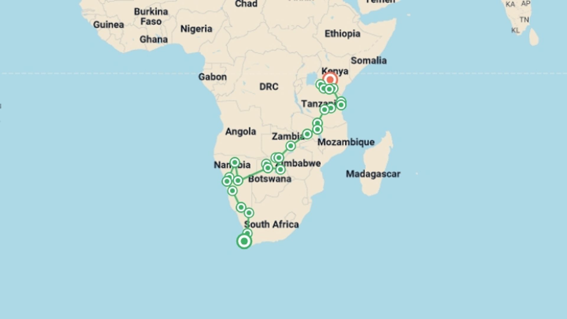A map showing the tour itinerary for the trip: 41-day Cape Town to Kenya Camping, starting in Cape Town, South Africa and ending in Nairobi, Kenya going through 25 other destinations.