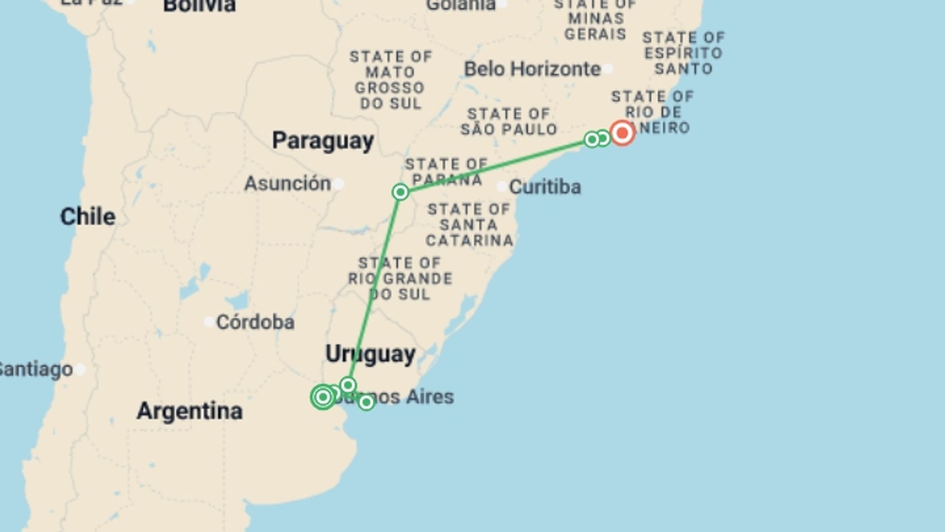 A map showing the tour itinerary for the trip: Real Argentina to Brazil, starting in Buenos Aires, Argentina and ending in Rio de Janeiro, Brazil going through 5 other destinations.