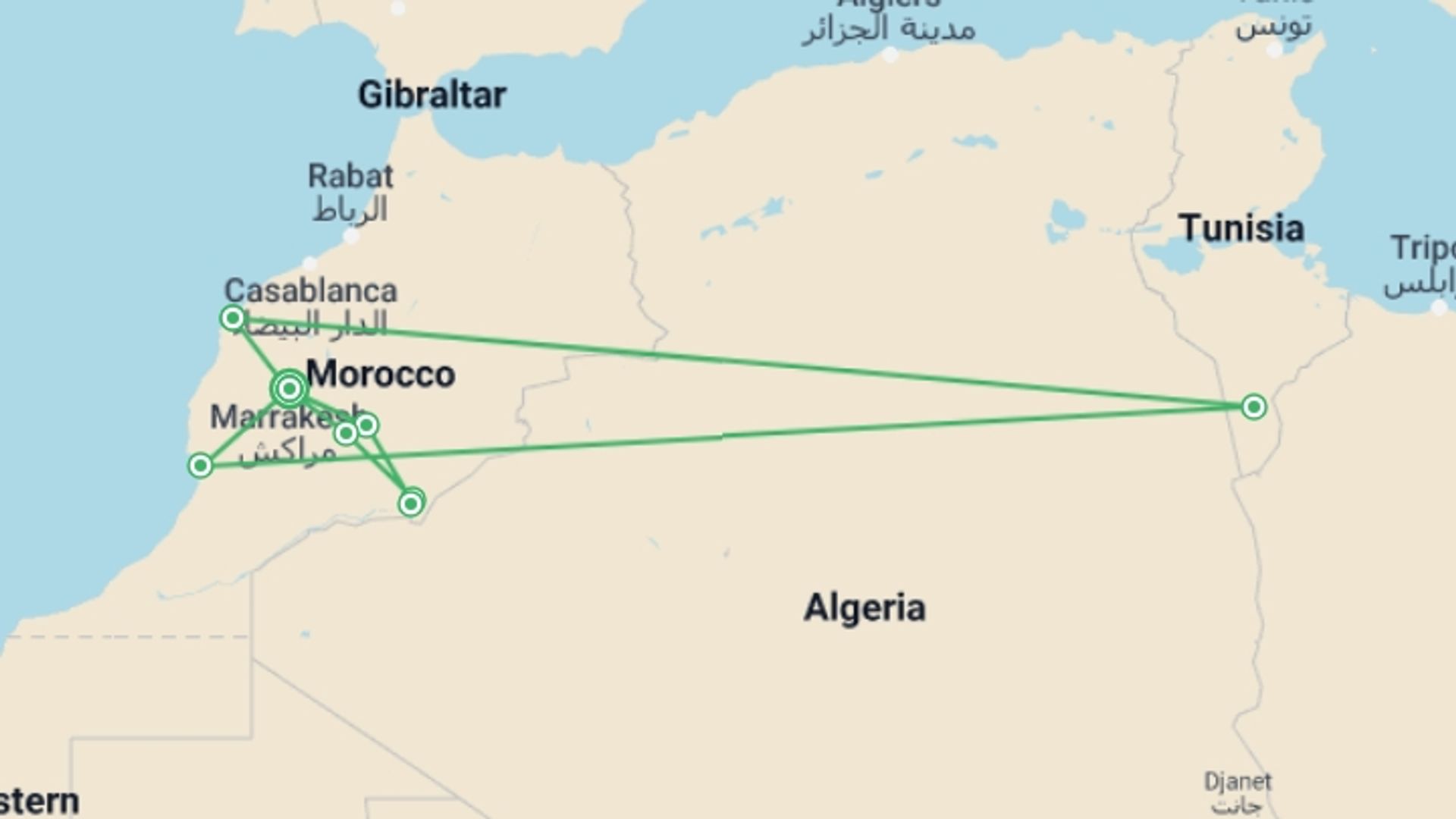A map showing the tour itinerary for the trip: Southern Morocco: The Sahara, The Coast & Marrakech, starting in Marrakech, Morocco and ending in Marrakech, Morocco going through 7 other destinations.