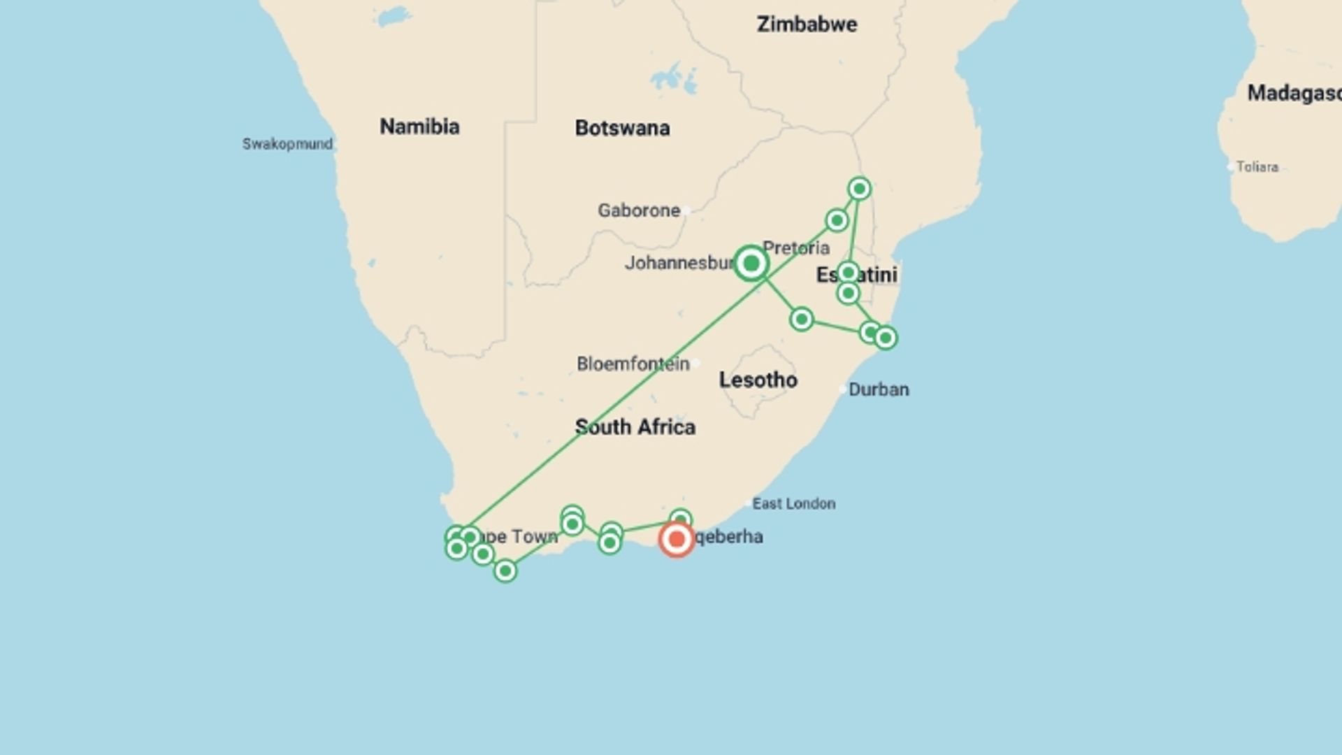 A map showing the tour itinerary for the trip: Kruger, Eswatini and South Africa's Garden Route, starting in Johannesburg, South Africa and ending in Port Elizabeth Airport, South Africa going through 17 other destinations.