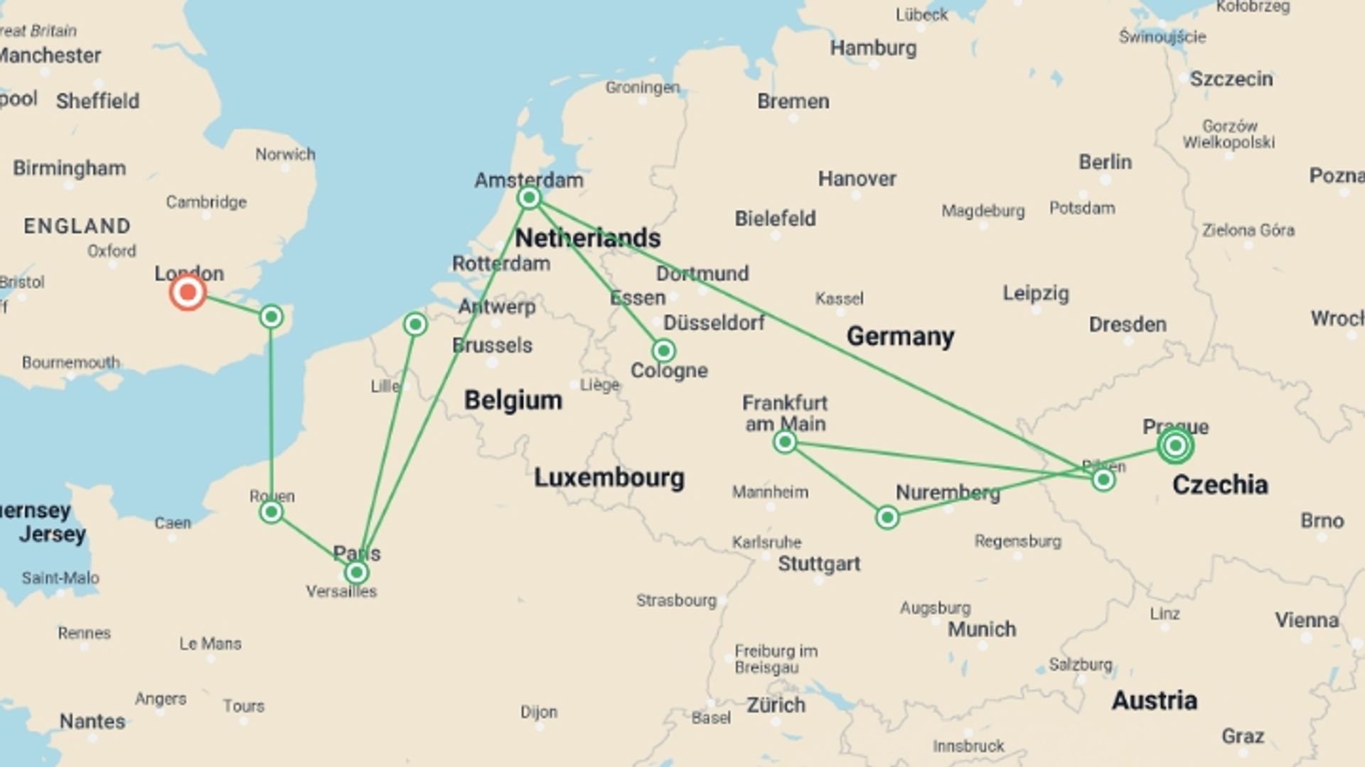 A map showing the tour itinerary for the trip: Nostalgic Melody, starting in Prague, Czech Republic and ending in London, England going through 3 other destinations.