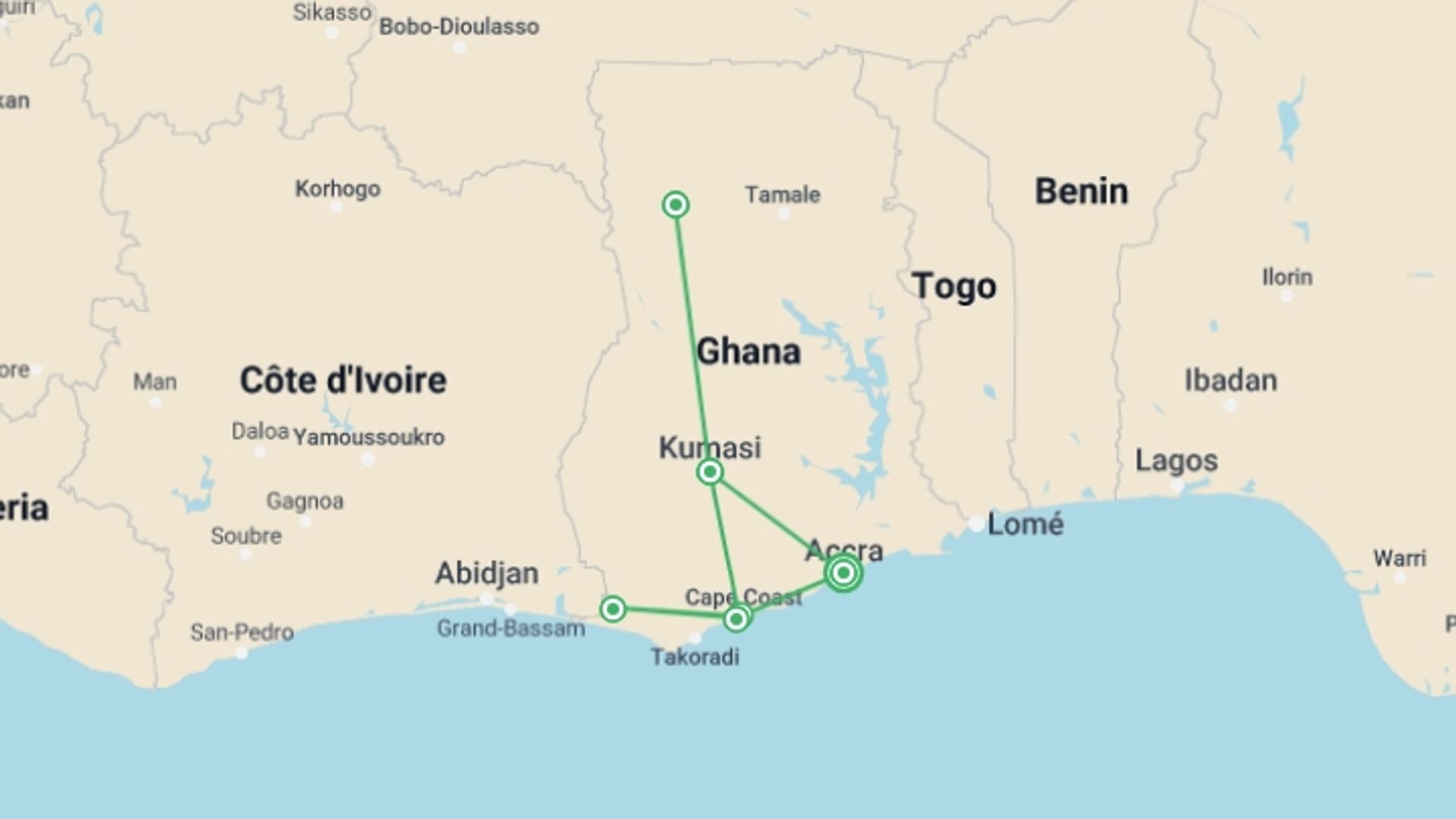 A map showing the tour itinerary for the trip: Best of Ghana, starting in Accra, Ghana and ending in Accra, Ghana going through 5 other destinations.