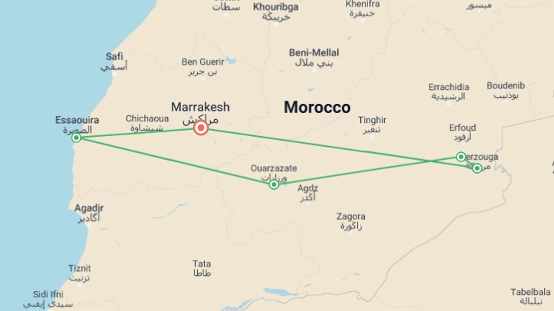 A map showing the tour itinerary for the trip: Morocco Tour in 11 Days, starting in Marrakech, Morocco and ending in Marrakesh, Morocco going through 4 other destinations.