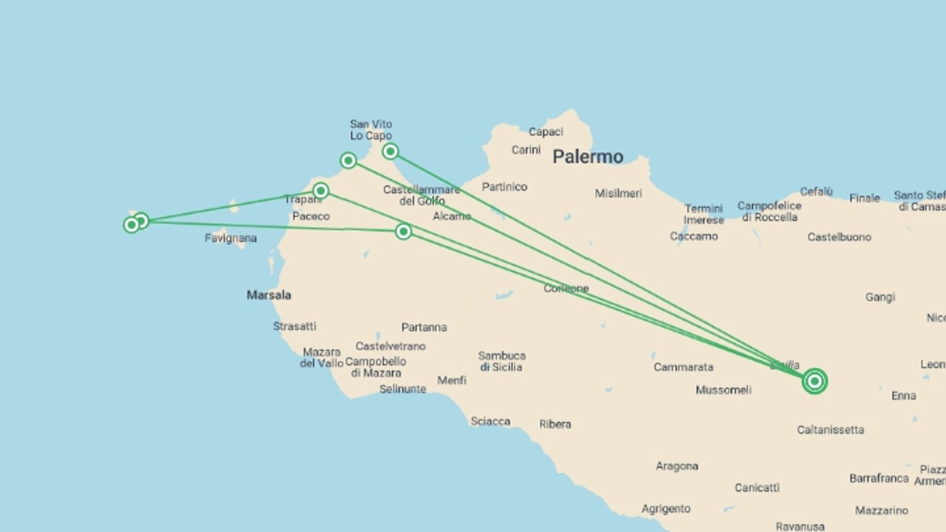 A map showing the tour itinerary for the trip: Walking the Highlights of Western Sicily Walk, starting in Sicily, Italy and ending in Sicily, Italy going through 2 other destinations.