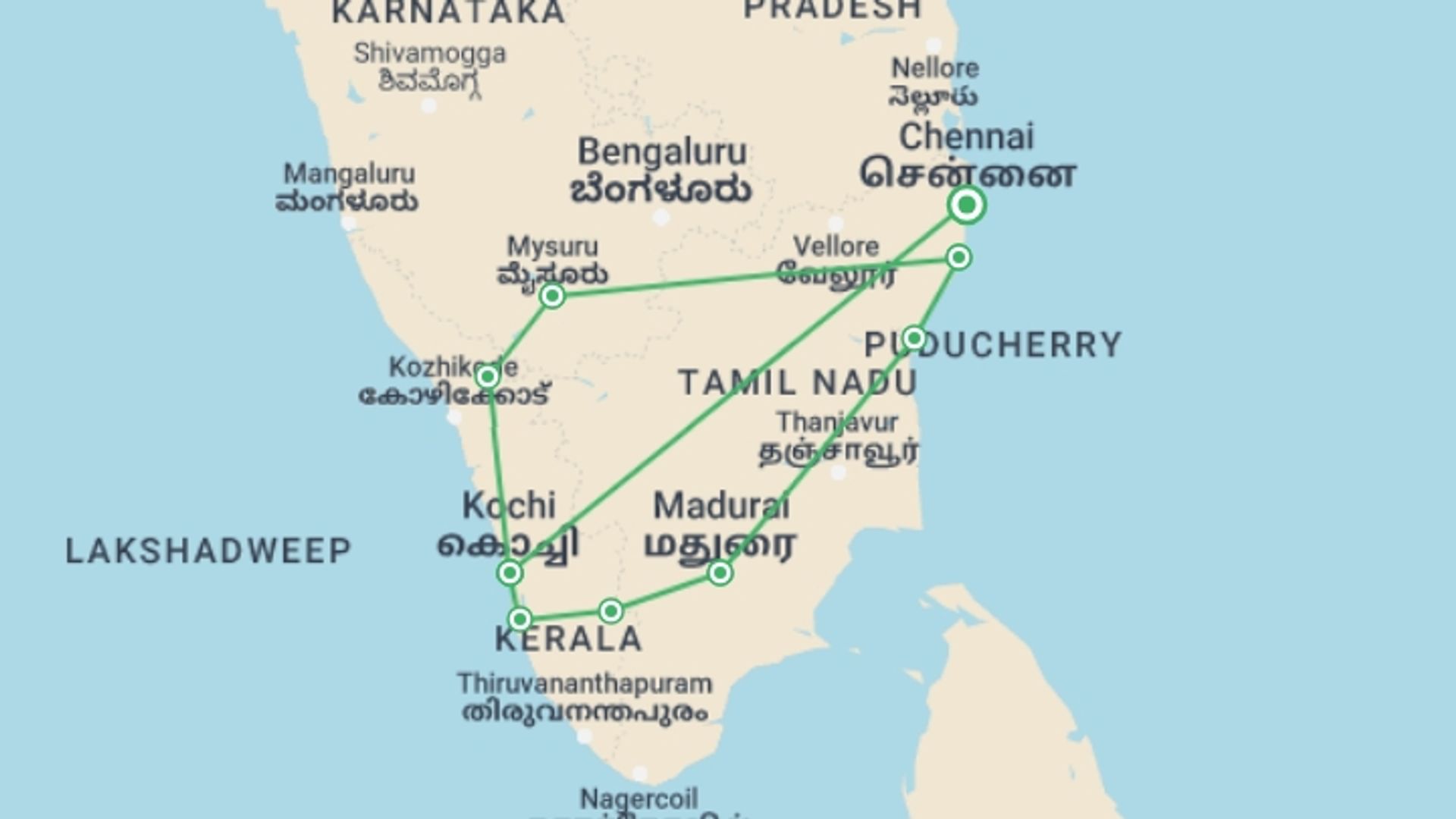 A map showing the tour itinerary for the trip: Best of Southern India, starting in Chennai, India and ending in Chennai, India going through 8 other destinations.