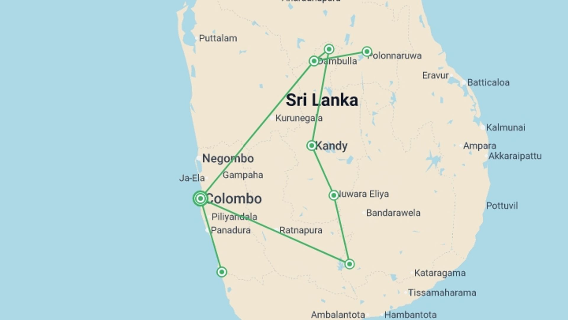 A map showing the tour itinerary for the trip: Best of Sri Lanka & Beach - 12 days, starting in Colombo, Sri Lanka and ending in Colombo, Sri Lanka going through 5 other destinations.