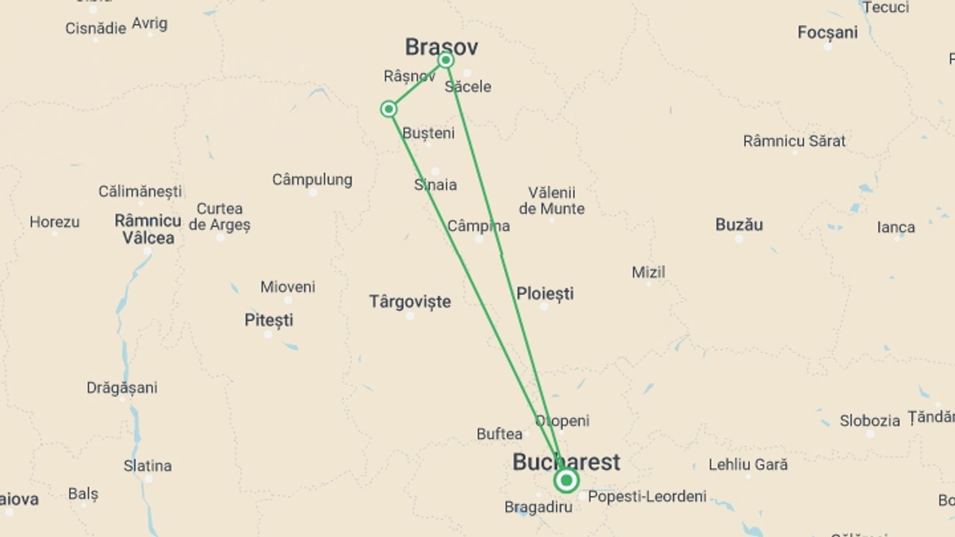 A map showing the tour itinerary for the trip: Halloween Party At Bran Castle , starting in Bucharest, Romania and ending in Bucharest, Romania going through 2 other destinations.