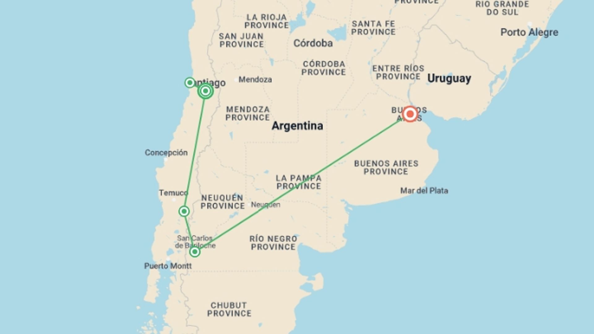 A map showing the tour itinerary for the trip: Highlights of Chile & Argentina, starting in Santiago, Chile and ending in Buenos Aires, Argentina going through 2 other destinations.