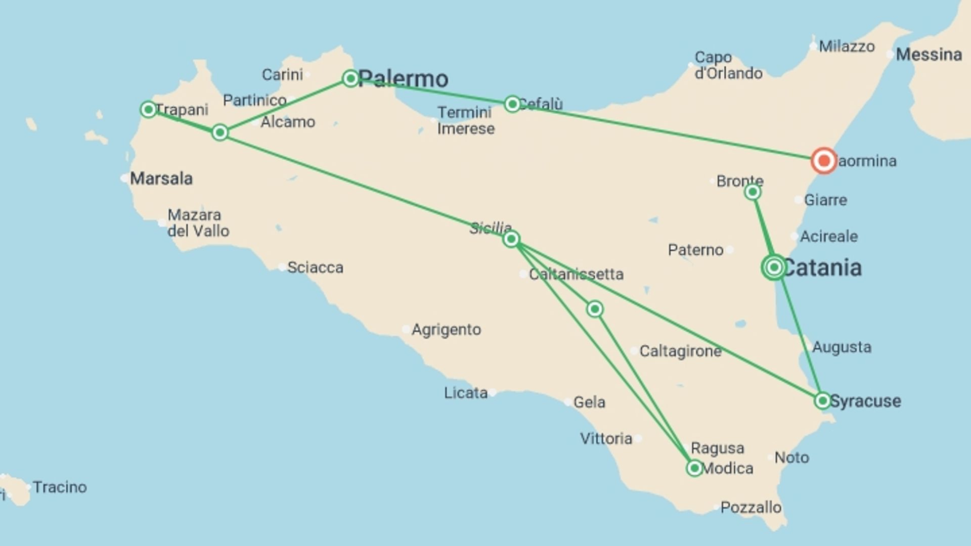 A map showing the tour itinerary for the trip: Sicily Grand Tour, starting in Catania, Italy and ending in Taormina, Italy going through 8 other destinations.