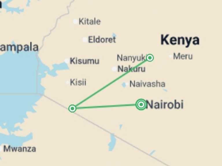 Map itinerary of Kenya Tour in Winter with 3 destination visits for the trip: Kenya: Cultural Connections, Mt Kenya & Maasai Mara