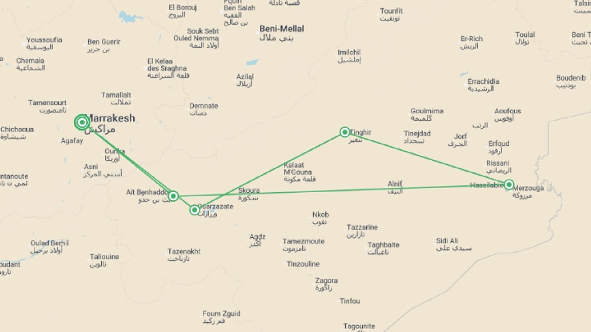 A map showing the tour itinerary for the trip: MARRAKECH to MARRAKECH (9 days) Souks & Sand Dunes, starting in Marrakech, Morocco and ending in Marrakech, Morocco going through 4 other destinations.