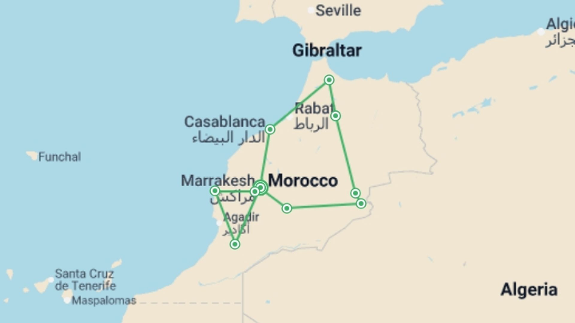 A map showing the tour itinerary for the trip: Best of Morocco, starting in Marrakech, Morocco and ending in Marrakech, Morocco going through 10 other destinations.