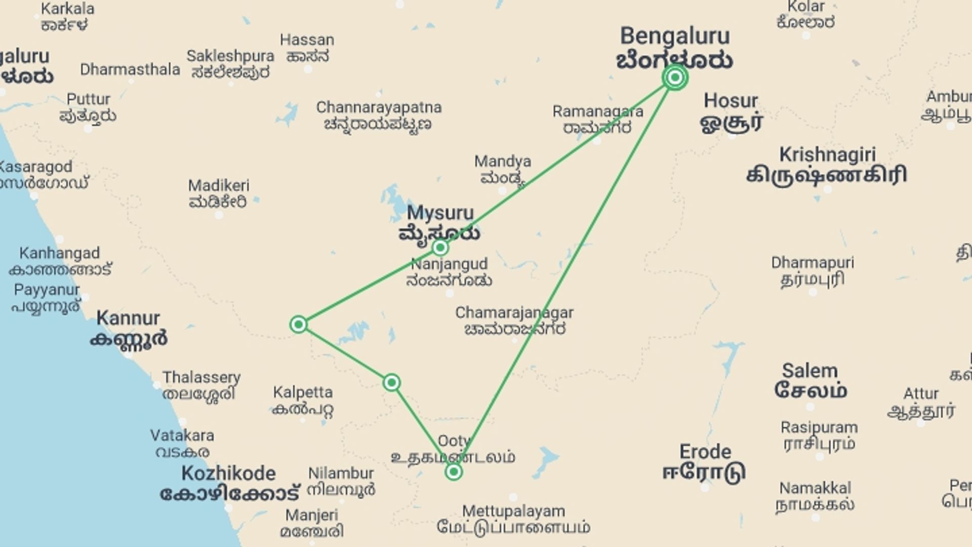 A map showing the tour itinerary for the trip: Karnataka Tour with Wildlife, starting in Bangalore, India and ending in Bangalore, India going through 5 other destinations.