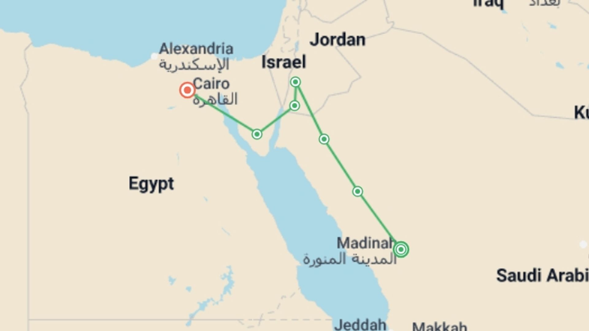 A map showing the tour itinerary for the trip: Contrasts of Arabia with Jordan and Cairo, starting in undefined, Saudi Arabia and ending in Cairo, Egypt going through 3 other destinations.
