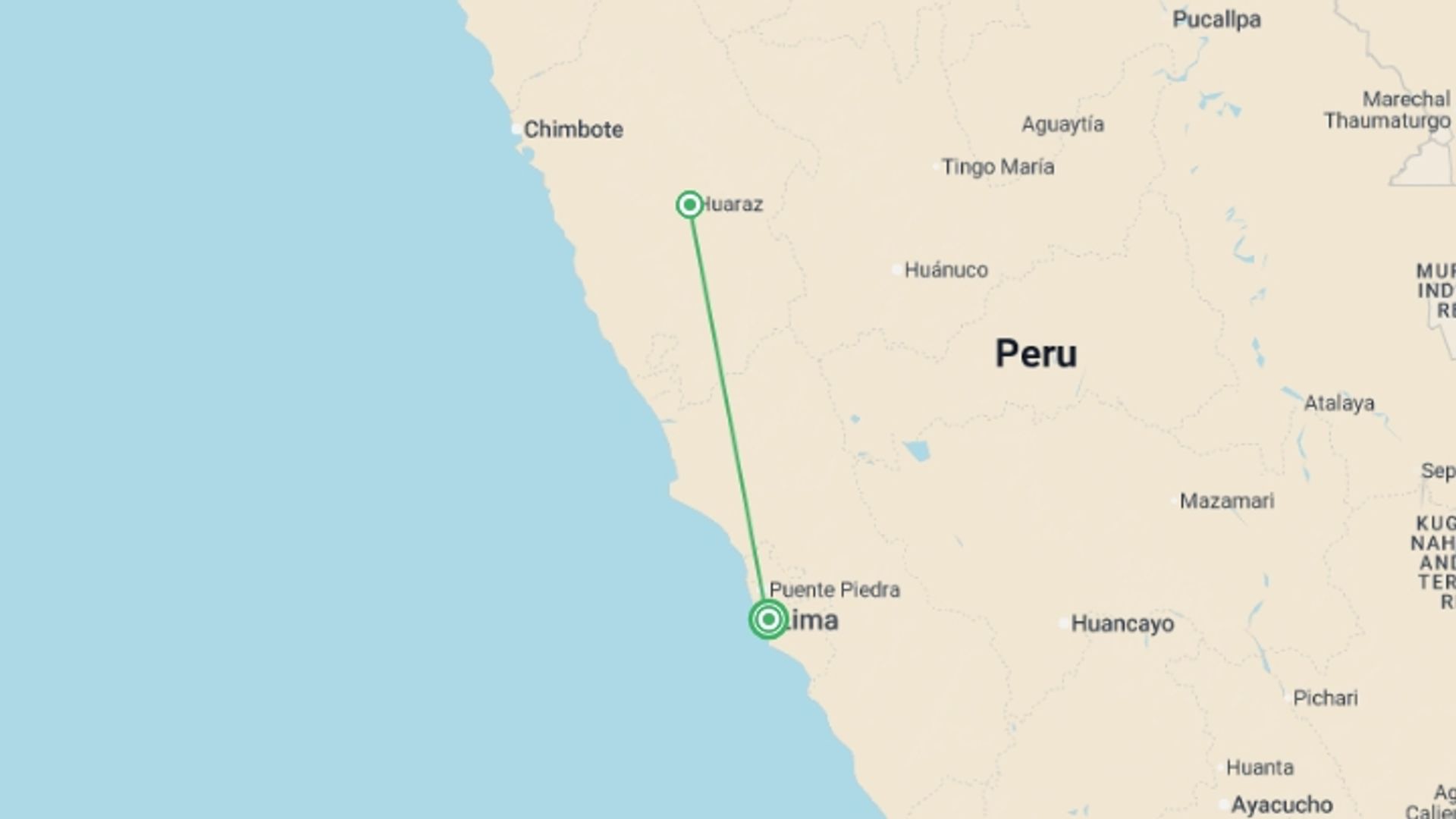 A map showing the tour itinerary for the trip: Peru: Lima to Huaraz, starting in Lima, Peru and ending in Lima, Peru going through 1 other destinations.