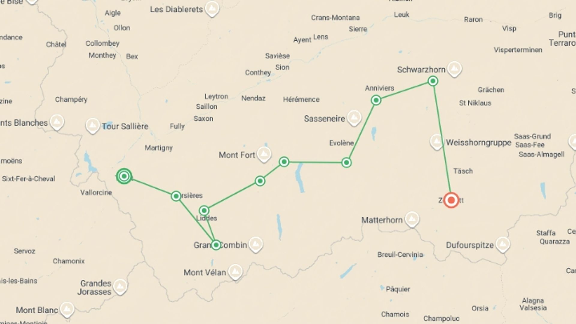 A map showing the tour itinerary for the trip: Chamonix to Zermatt Guided Hike, starting in Trient, Switzerland and ending in Zermatt, Switzerland going through 8 other destinations.