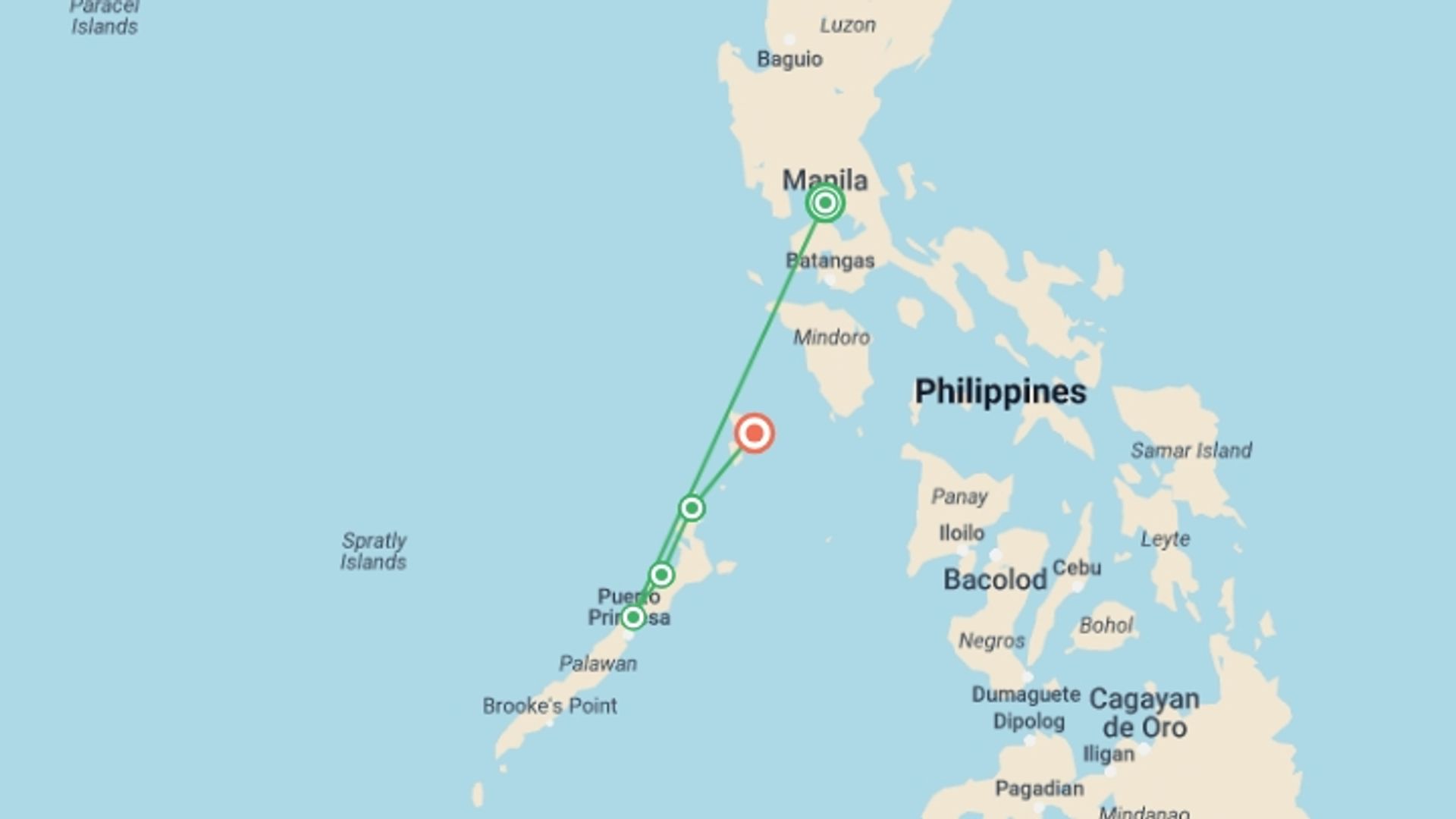 A map showing the tour itinerary for the trip: Philippines One Life Adventures - 14 Days, starting in Manila, Philippines and ending in Coron, Philippines going through 4 other destinations.