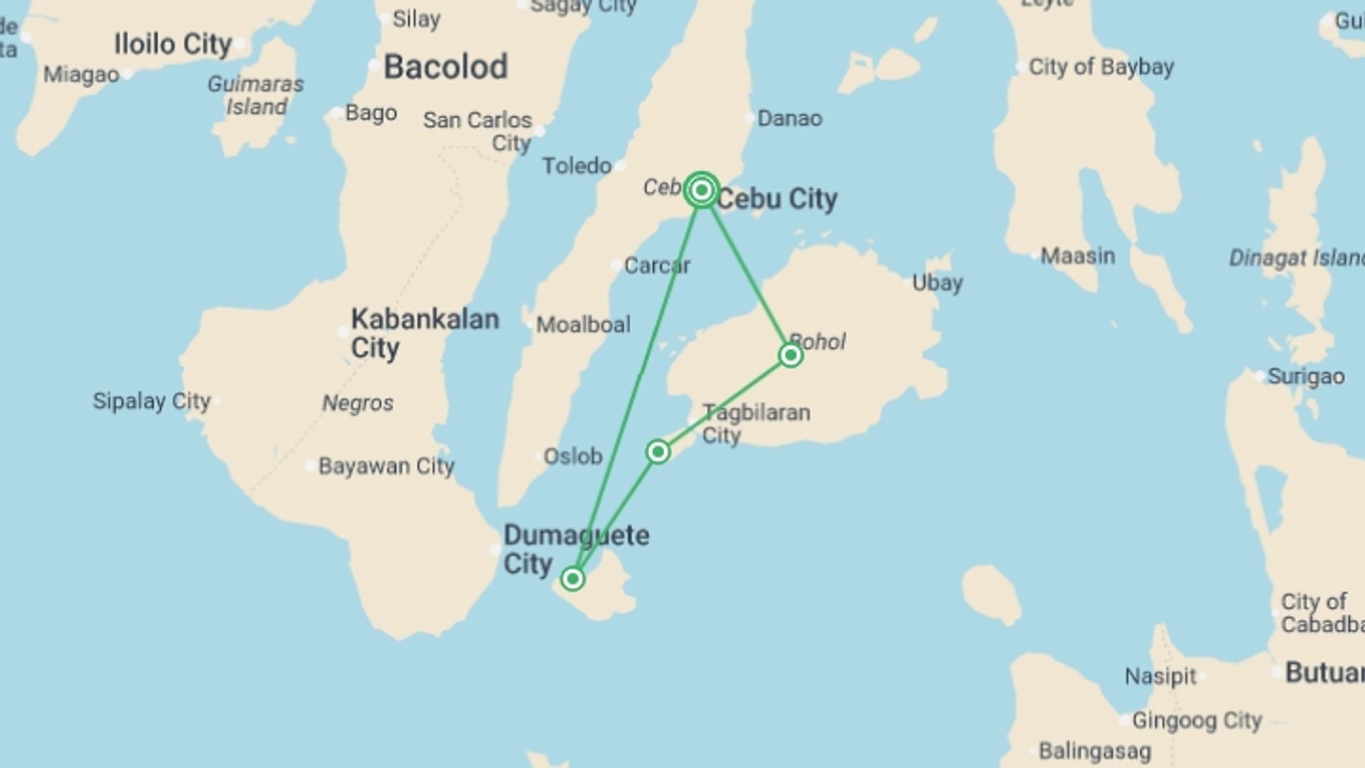 A map showing the tour itinerary for the trip: Essential Philippines, starting in Cebu, Philippines and ending in Cebu, Philippines going through 3 other destinations.
