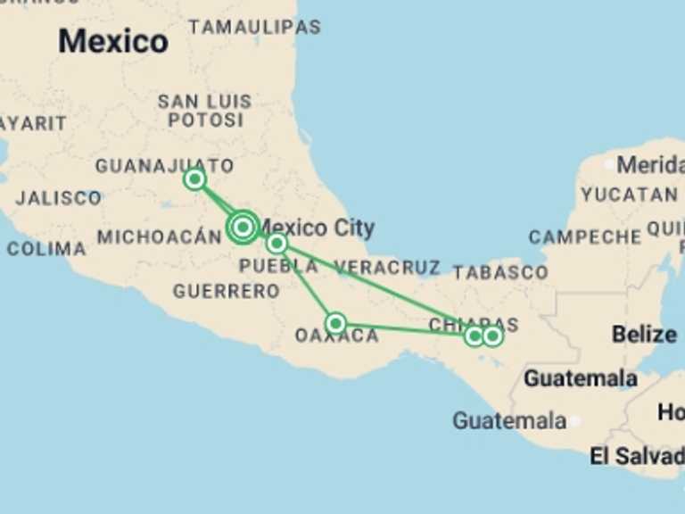 Map of Mexico City Explorer Tour with 6 destination visits for the trip: Mexico: Paths of Tradition
