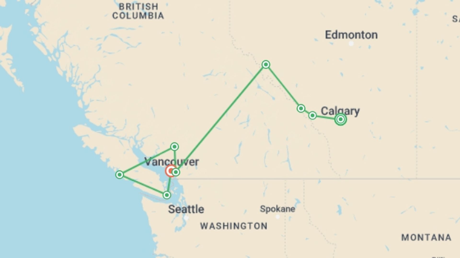 A map showing the tour itinerary for the trip: Canadian Rockies: National Parks Westbound, starting in Calgary, Canada and ending in Vancouver, Canada going through 7 other destinations.