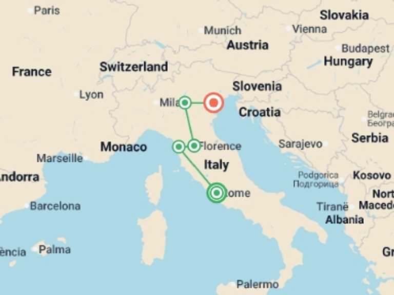 Map itinerary of Europe Tour in September 2026 with 3 destination visits for the trip: Jewels of Italy