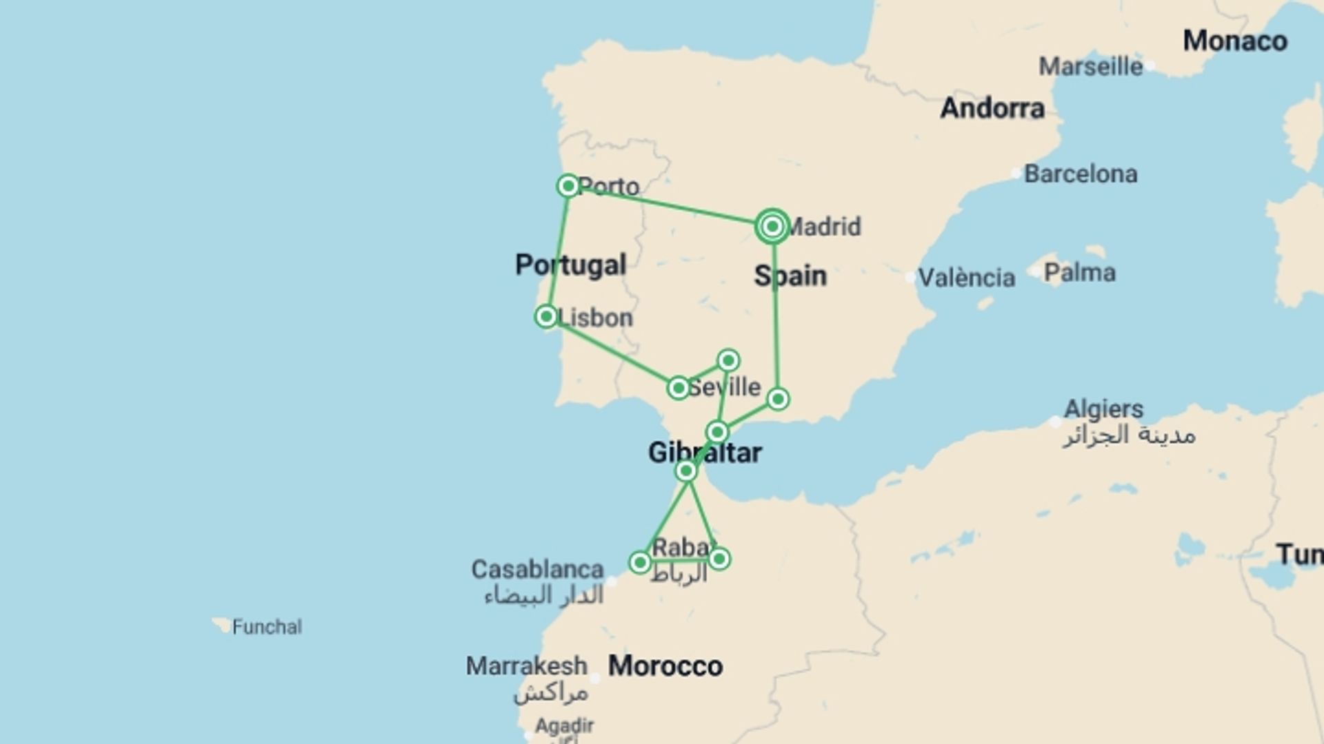 A map showing the tour itinerary for the trip: Andalucia, Lisbon & Morocco Explorer - 14 days, starting in Madrid, Spain and ending in Madrid, Spain going through 9 other destinations.