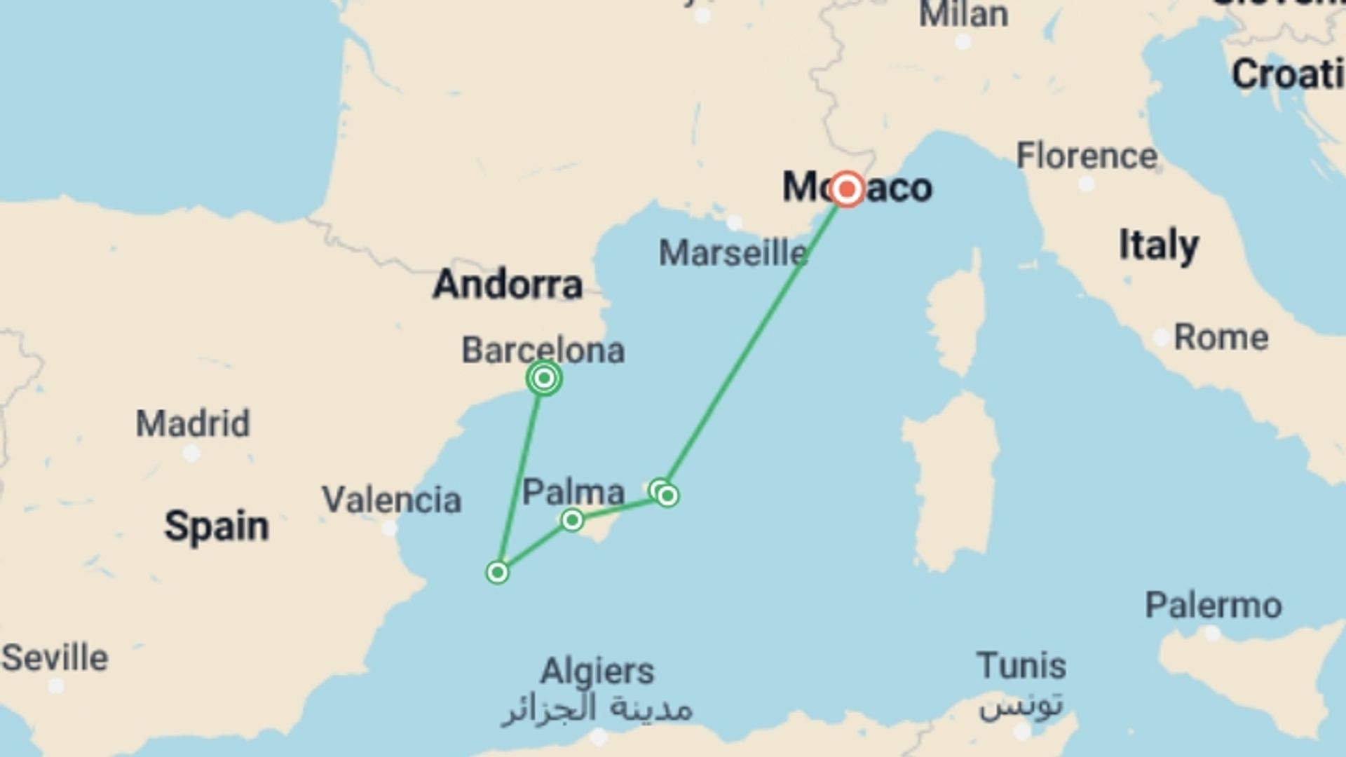 A map showing the tour itinerary for the trip: Sun and Fun in the Balearic Islands
An exciting cruise to Barcelona and the Balearic Islands (port-to-port package), starting in Barcelona, Spain and ending in Nice, France going through 3 other destinations.
