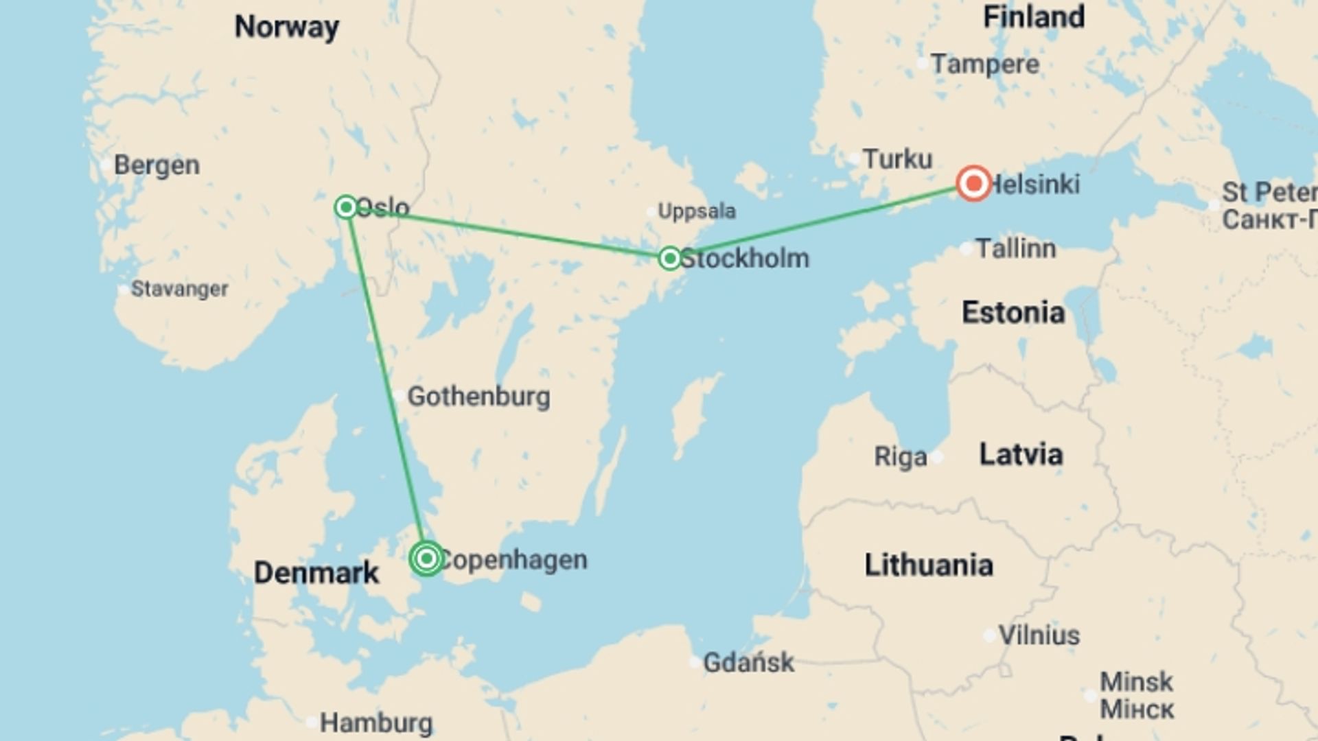 A map showing the tour itinerary for the trip: Scandi Northern Capitals - 9 days, starting in Copenhagen, Denmark and ending in Helsinki, Finland going through 2 other destinations.