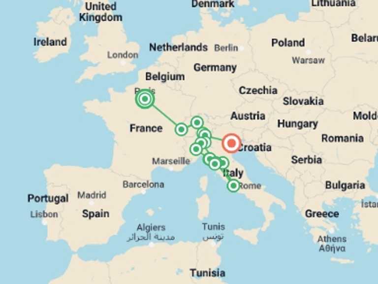 Map of a Train Tour with 12 destination visits for the trip: France, Switzerland, and Italy by Rail