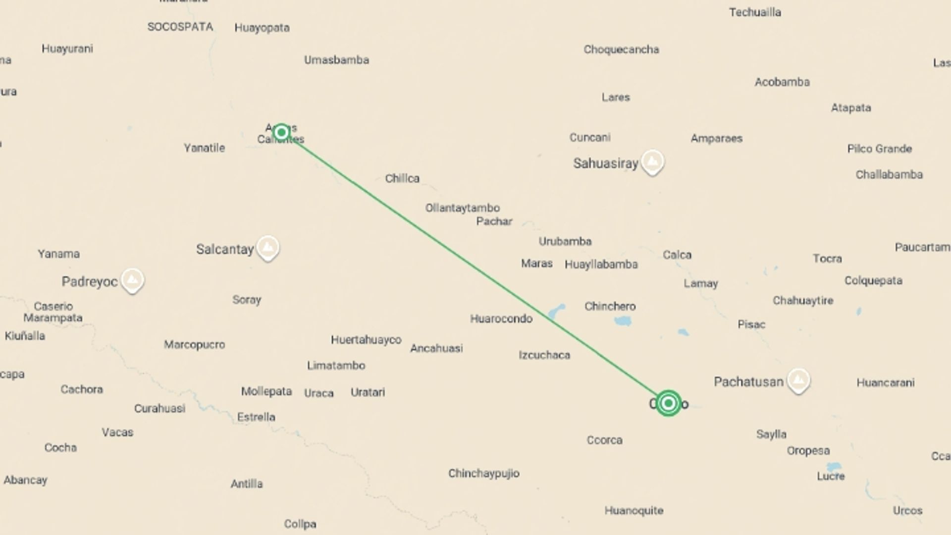 A map showing the tour itinerary for the trip: Peru: Trek the Inca Trail 4 Days, starting in Cusco, Peru and ending in Cusco, Peru going through 1 other destinations.