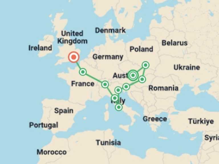 Map itinerary of Mediterranean Tour in March 2027 with 10 destination visits for the trip: Vienna to London Trail