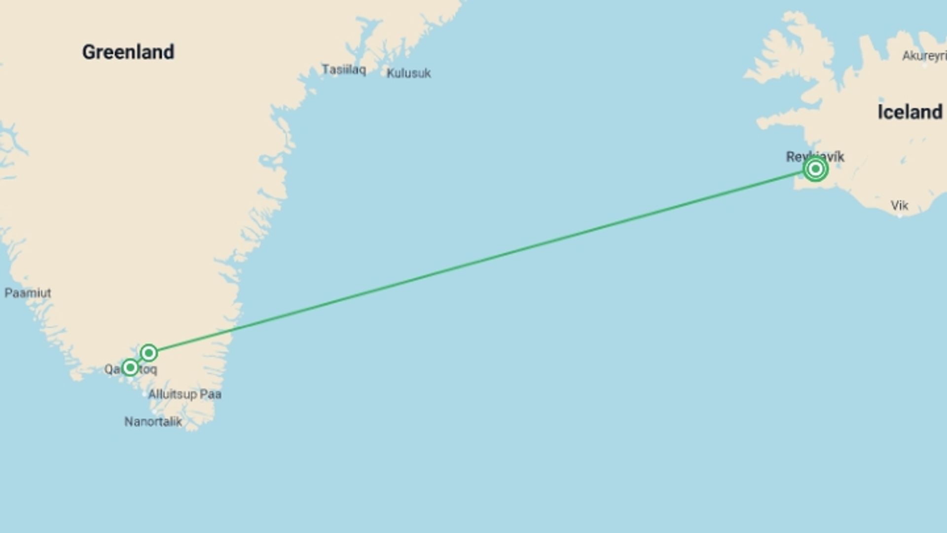A map showing the tour itinerary for the trip: South Greenland Adventure, starting in Reykjavik, Iceland and ending in Reykjavik, Iceland going through 2 other destinations.