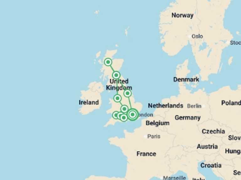 Map itinerary of England Tour in Winter with 8 destination visits for the trip: Great Britain New Year