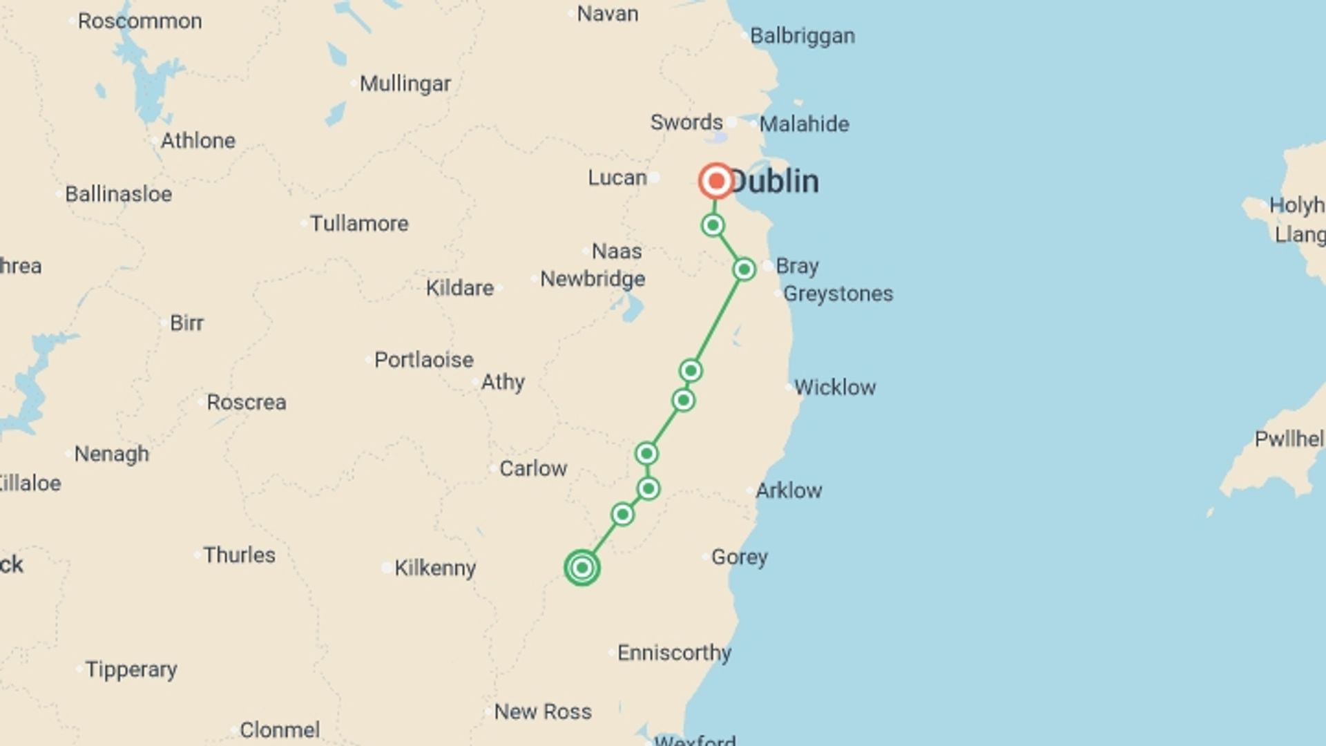A map showing the tour itinerary for the trip: The Wicklow Way - 9 Days, starting in Bunclody, Ireland and ending in Dublin, Ireland going through 6 other destinations.