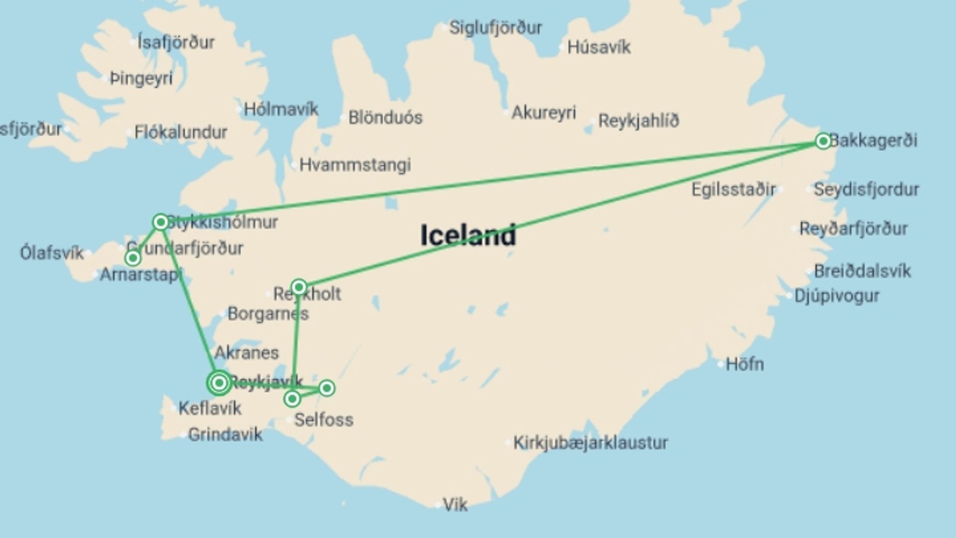 A map showing the tour itinerary for the trip: Iceland: Sagas and Springs, starting in Reykjavik, Iceland and ending in Reykjavik, Iceland going through 4 other destinations.