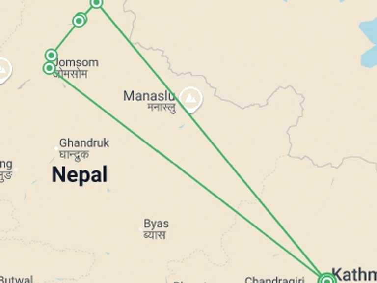 Map of 17-Day Kathmandu Tour with 6 destination visits for the trip: The Kingdom of Mustang
