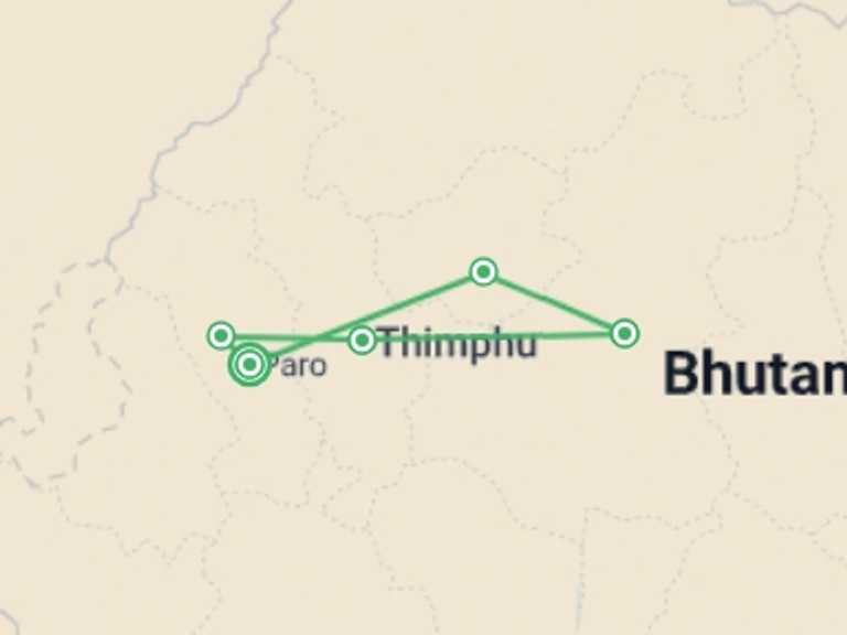 Map of South Asia Tour with 6 destination visits for the trip: Bhutan Encounters