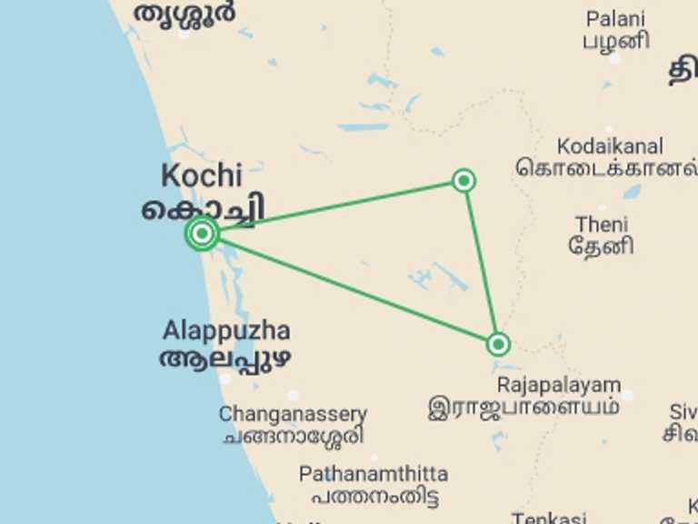 Map of Kerala & Tamil Nadu Cultural, religious and historic sites Tour with 4 destination visits for the trip: A Taste of Southern India - Temples and Tea Plantations