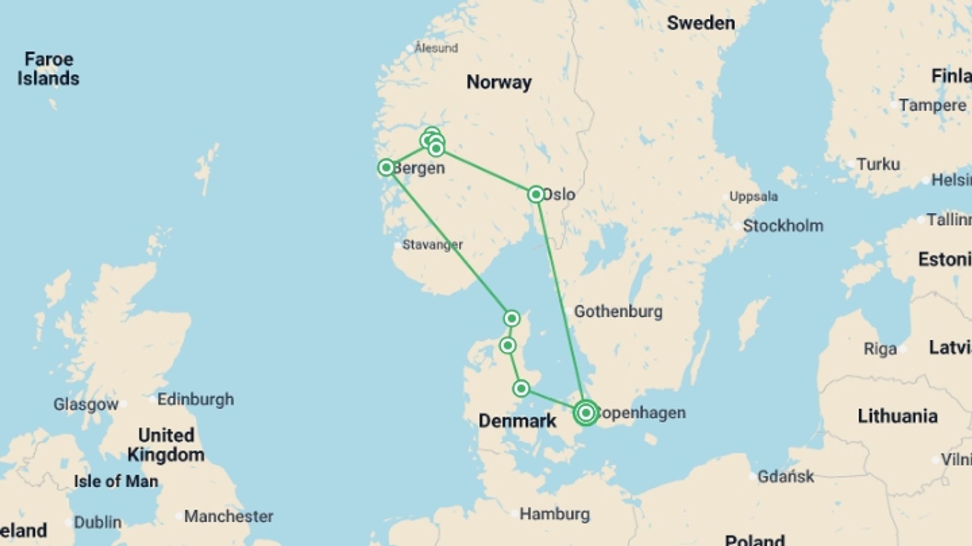 A map showing the tour itinerary for the trip: Scandi Viking Trail - 13 days, starting in Copenhagen, Denmark and ending in Copenhagen, Denmark going through 5 other destinations.