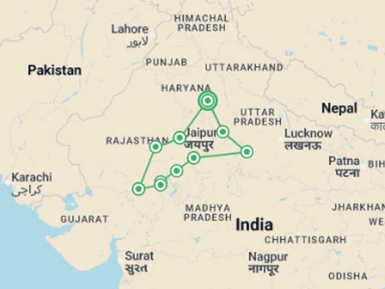 Map of 15-Day South Asia Tour with 10 destination visits for the trip: Cycle Rajasthan