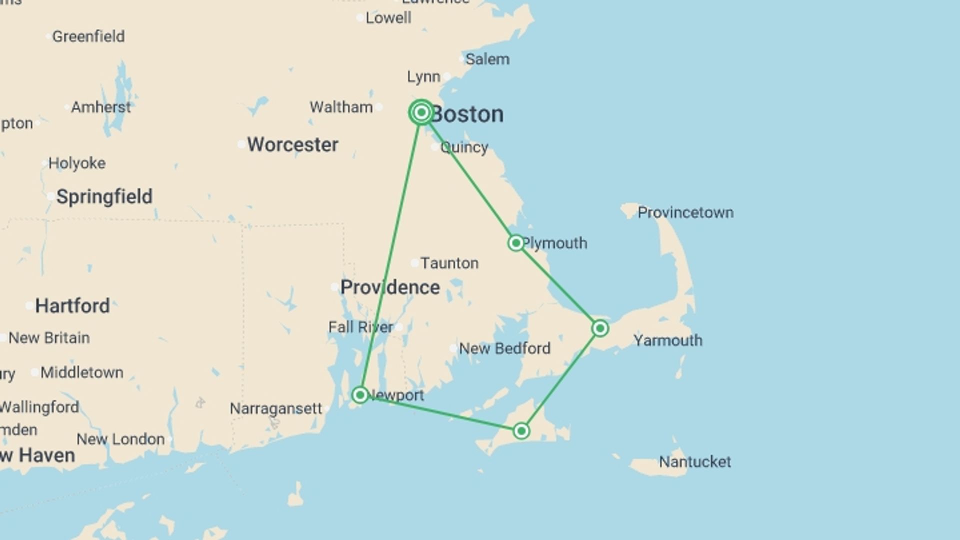 A map showing the tour itinerary for the trip: Treasures of Cape Cod & the Islands, starting in Boston, USA and ending in Boston, USA going through 4 other destinations.