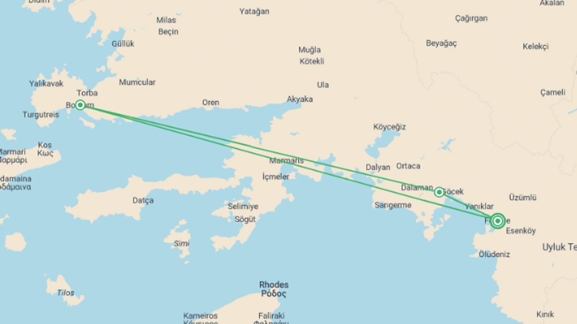 A map showing the tour itinerary for the trip: Wonders and Waves Gulet Tour, starting in Fethiye, Turkey and ending in Fethiye, Turkey going through 2 other destinations.