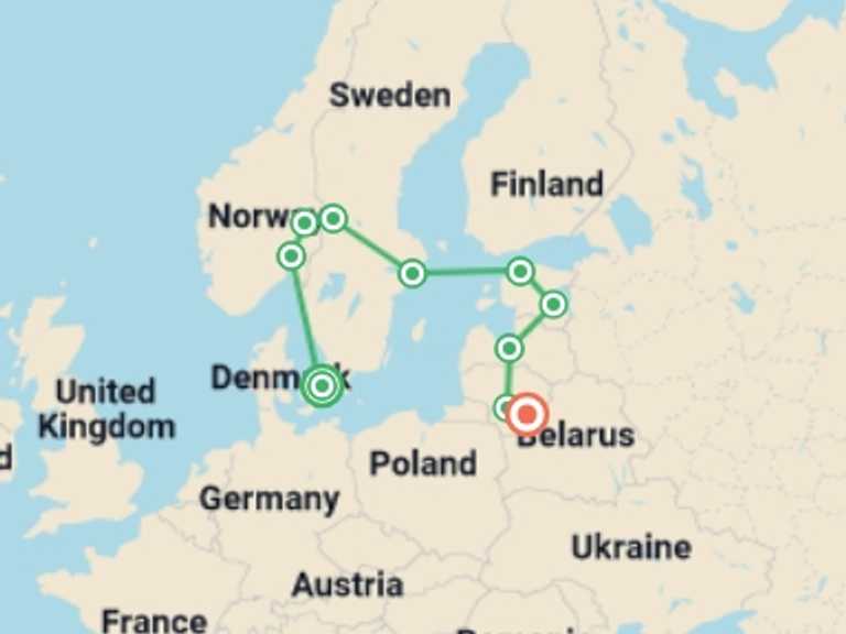 Map itinerary of Northern Europe Tour in Spring with 11 destination visits for the trip: Scandinavia and Best of Baltics