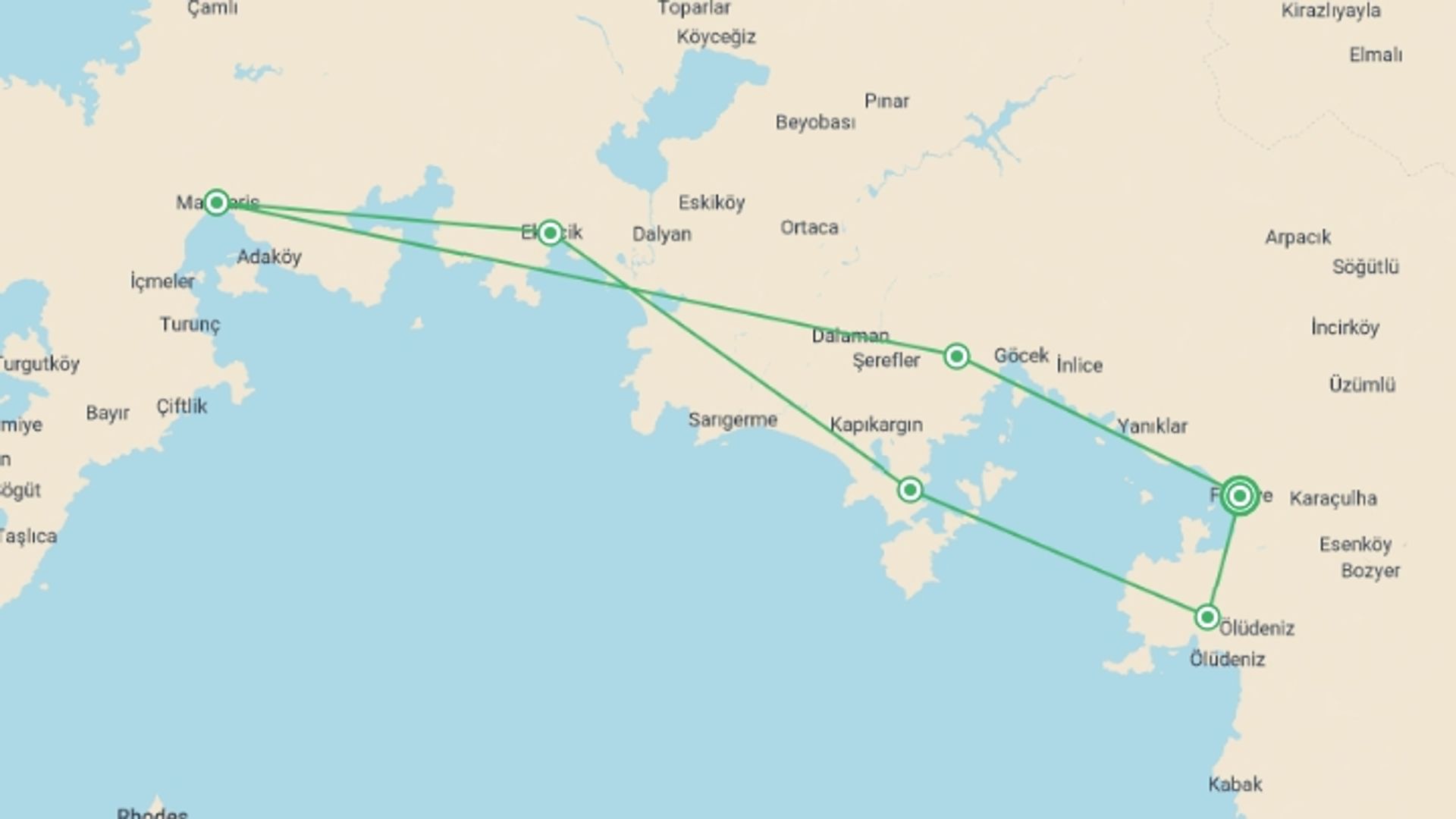 A map showing the tour itinerary for the trip: Sail & Swim: Turkey, starting in Fethiye, Turkey and ending in Fethiye, Turkey going through 5 other destinations.