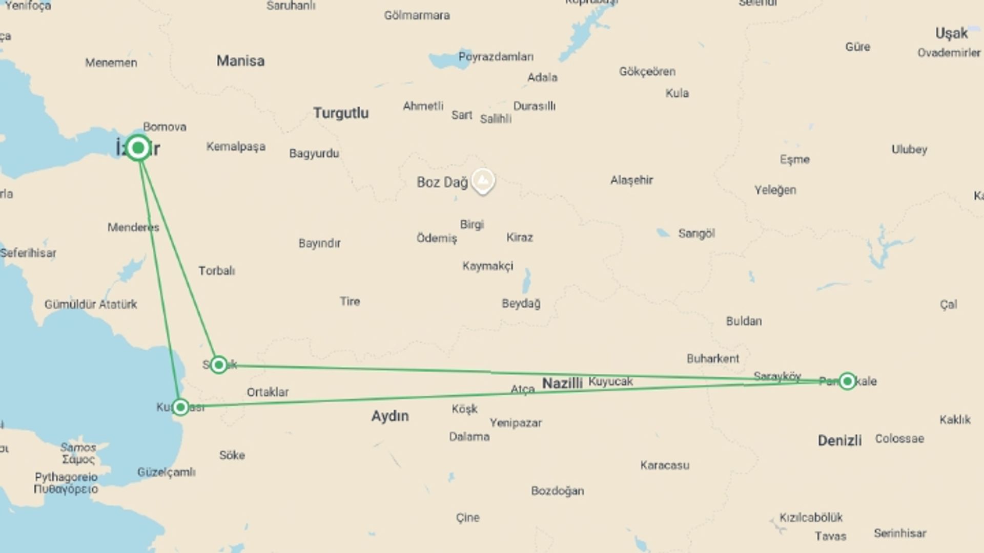 A map showing the tour itinerary for the trip: Kusadasi Essentials – 4 Days With Ephesus & Pamukkale Tours, starting in Izmir, Turkey and ending in Izmir, Turkey going through 3 other destinations.