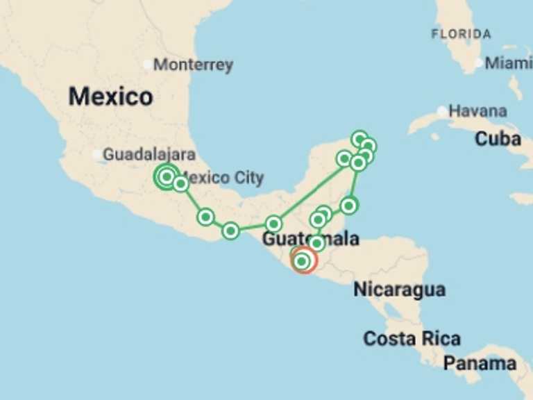 Map itinerary of North America Tour in June 2026 with 17 destination visits for the trip: EPIC CENTRAL AMERICA 28 DAYS