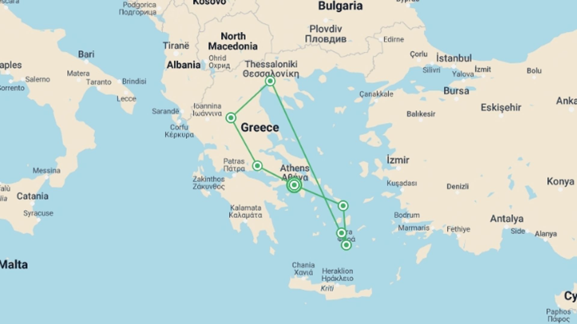 A map showing the tour itinerary for the trip: Amazing Greece, starting in Athens, Greece and ending in Athens, Greece going through 5 other destinations.