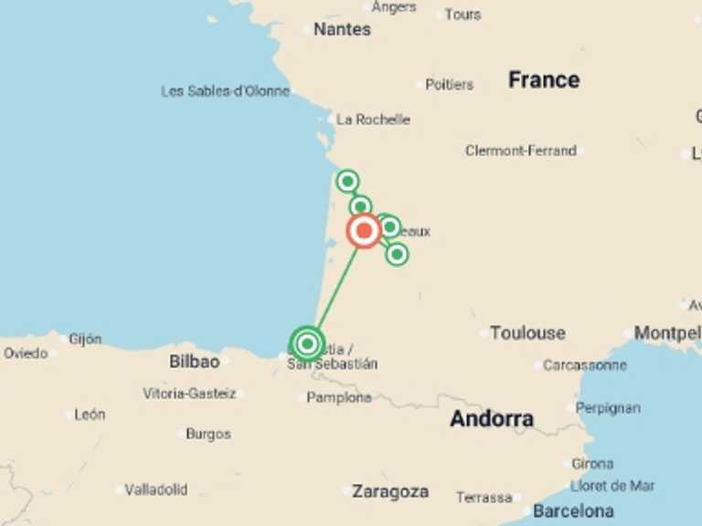Map of France Cruise Tour with 7 destination visits for the trip: From the French Basque Country to Bordeaux - Fine French cuisine at the foot of the Pyrenees and a cruise to discover Bordeaux and its outlying areas (port-to-port cruise)