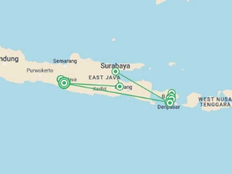 Map of Indonesia Tour with 5 destination visits for the trip: Temples, Volcanoes And Beaches; Private Tour