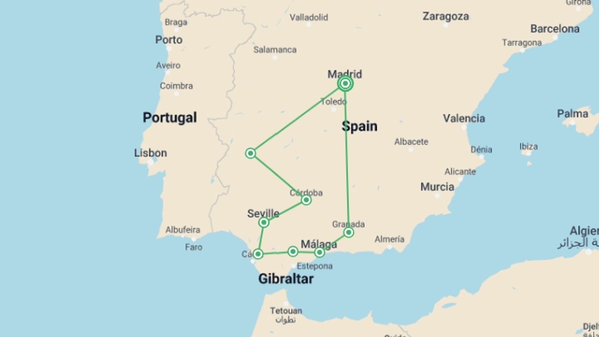 A map showing the tour itinerary for the trip: Spanish Delights: A 9-Day Small Group Journey, starting in Madrid, Spain and ending in Madrid, Spain going through 4 other destinations.